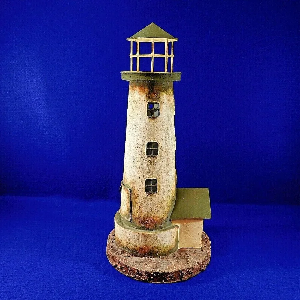 Large Painted Tin Lighthouse Votive Tealight Candle Holder 15" Beach Decor - Picture 5 of 11